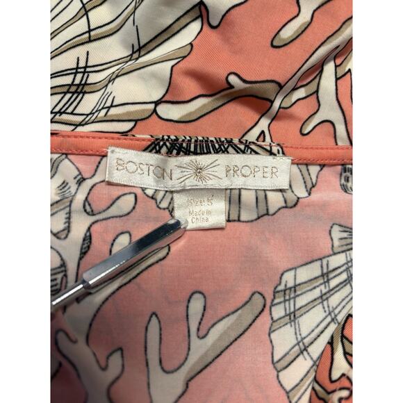 Boston Proper Coral Beach Seashell Print 3/4 Sleeves V-Neck Ruched Top Size 5 - Picture 4 of 14